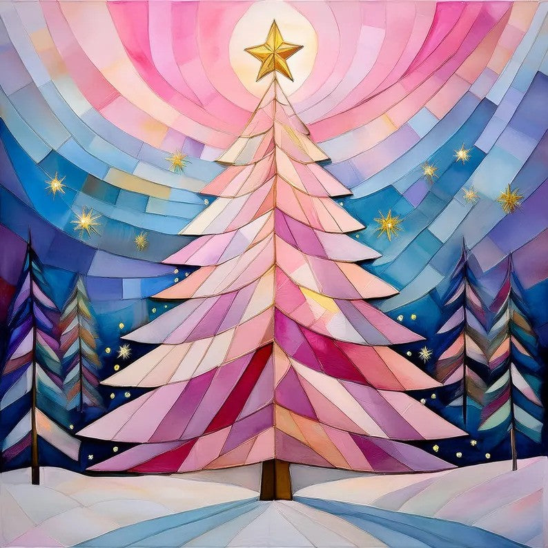 Pink Quilted Christmas Tree, Holiday Greeting Card, Sewing & Quilting Holiday Card, Watercolor Art, Christmas Gifts Cards, Gift for Quilter