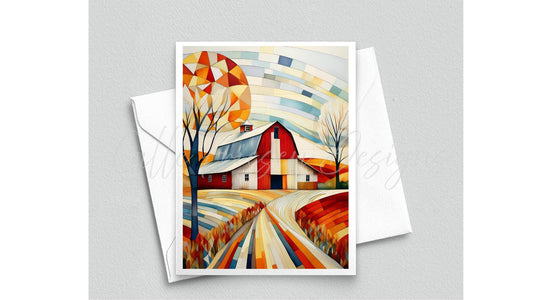 Quilted Barn Greeting Card - Blank Interior - Watercolor Quilt Themed Card with Envelope - Cubist Watercolor Painting - Art Print