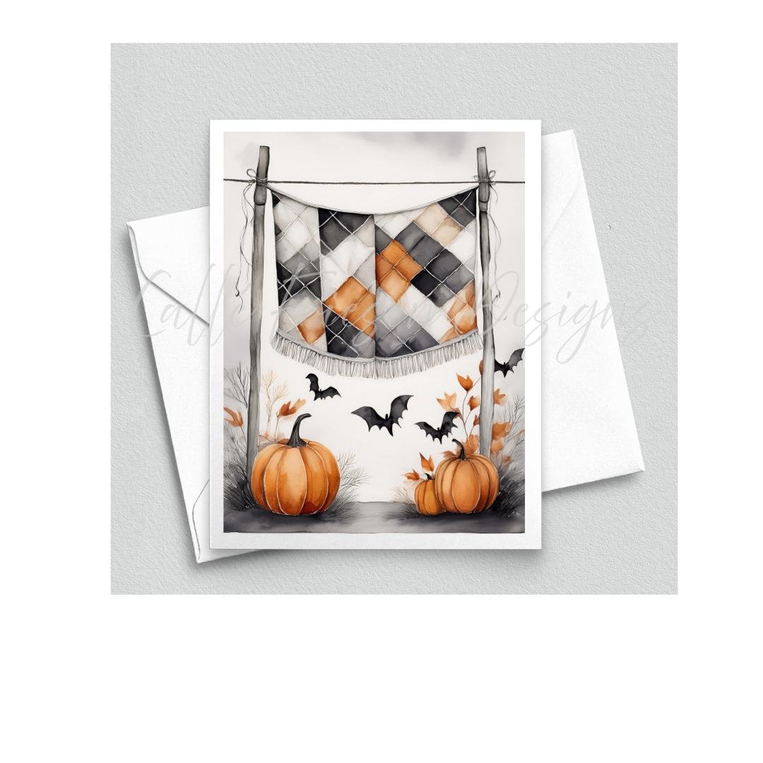 Halloween Quilting- Autumn Fall Quilt Greeting Card - Blank Interior - Watercolor Art Card with Envelope - Cubist Style - Art Print