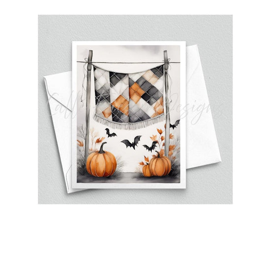 Halloween Quilting- Autumn Fall Quilt Greeting Card - Blank Interior - Watercolor Art Card with Envelope - Cubist Style - Art Print