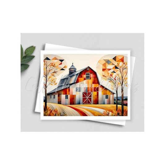 Quilted Barn Greeting Card - Blank Interior - Watercolor Quilt Themed Card with Envelope - Cubist Watercolor Painting - Art Print