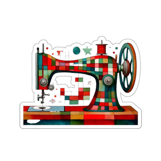 Red Quilt Themed Sewing Machine Sticker. Die-Cut Watercolor Vinyl Sticker. Ideal Gift for Quilters. Available in 4 Sizes. Quilt Retreat Swag