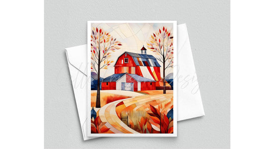 Quilted Barn Greeting Card - Blank Interior - Watercolor Quilt Themed Card with Envelope - Cubist Watercolor Painting - Art Print