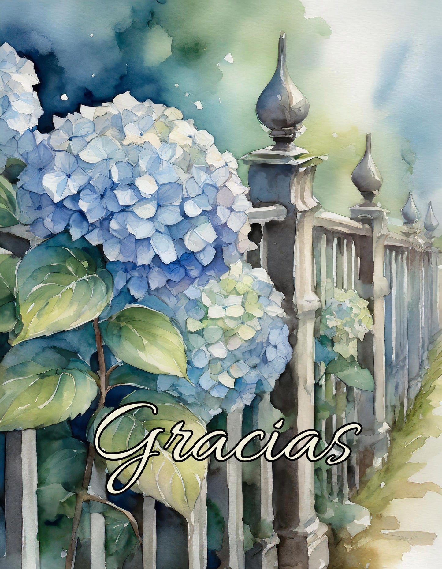 Spanish Thank You Cards "Gracias" (5-Pack with envelopes) Set of five watercolor Hydrangea paintings: Pink, Blue, Green, Ivory, White