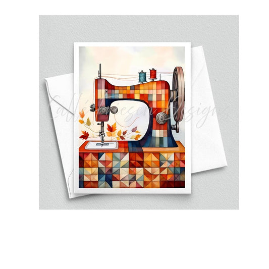 Autumn Fall Quilting- Vintage Sewing Machine Greeting Card - Blank Interior - Watercolor Quilt Card with Envelope - Cubist Style - Art Print