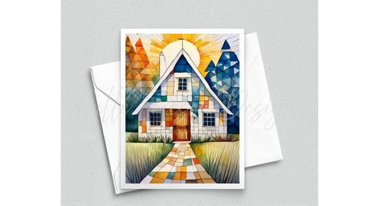 Quilted Cottage Greeting Card - Blank Interior - Watercolor Quilt Themed Card with Envelope - Cubist Watercolor Painting - Art Print