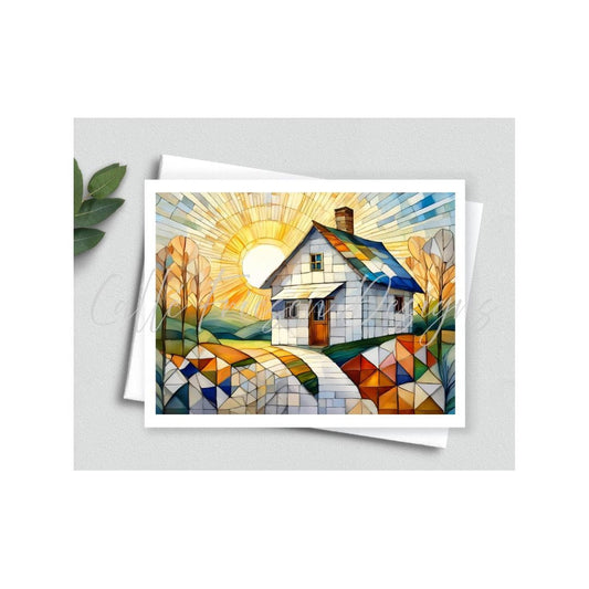 Quilted Cottage Greeting Card - Blank Interior - Watercolor Quilt Themed Card with Envelope - Cubist Watercolor Painting - Art Print