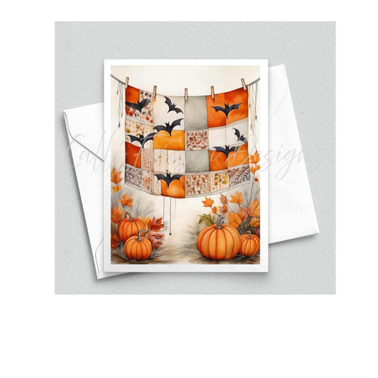 Halloween Quilting- Autumn Fall Quilt Greeting Card - Blank Interior - Watercolor Art Card with Envelope - Cubist Style - Art Print