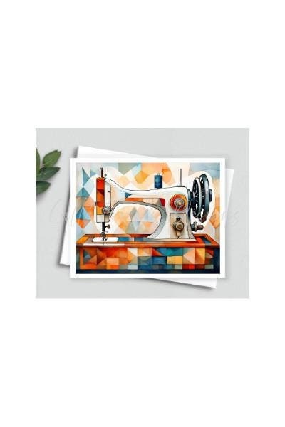 Autumn Fall Quilting- Vintage Featherweight Sewing Machine Greeting Card - Blank Interior - Watercolor Quilt Card with Envelope - Cubist Art