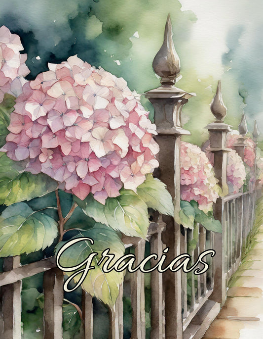 Spanish Thank You Cards "Gracias" (5-Pack with envelopes) Set of five watercolor Hydrangea paintings: Pink, Blue, Green, Ivory, White