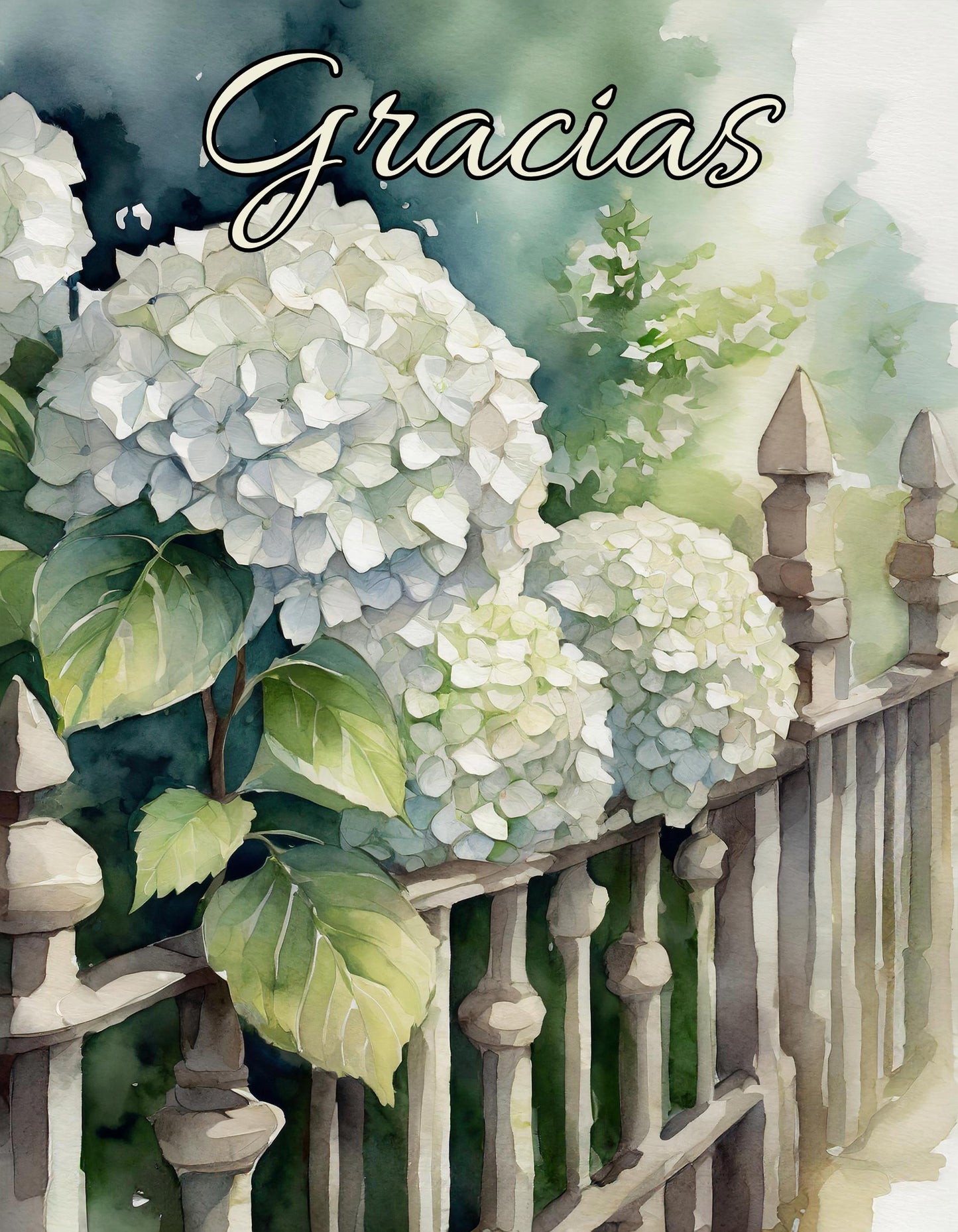 Spanish Thank You Cards "Gracias" (5-Pack with envelopes) Set of five watercolor Hydrangea paintings: Pink, Blue, Green, Ivory, White