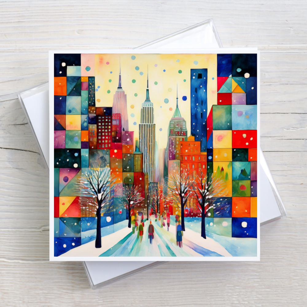 Colorful winter cityscape card on a wooden surface