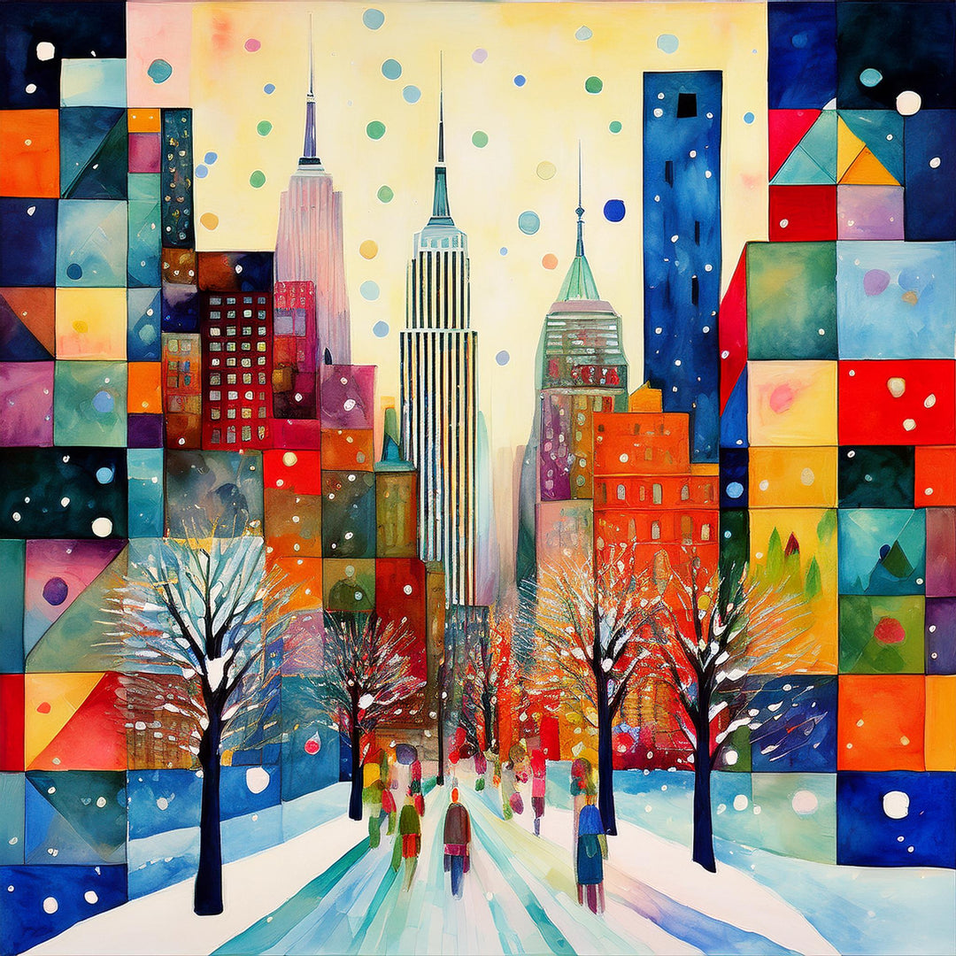 Colorful abstract cityscape with tall buildings and people walking on a street.