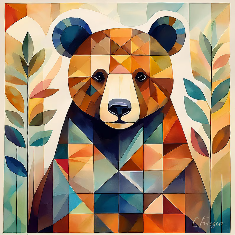 A colorful greeting card featuring a geometric patterned design of a baby brown bear with a blank interior, set against a woodsy background.