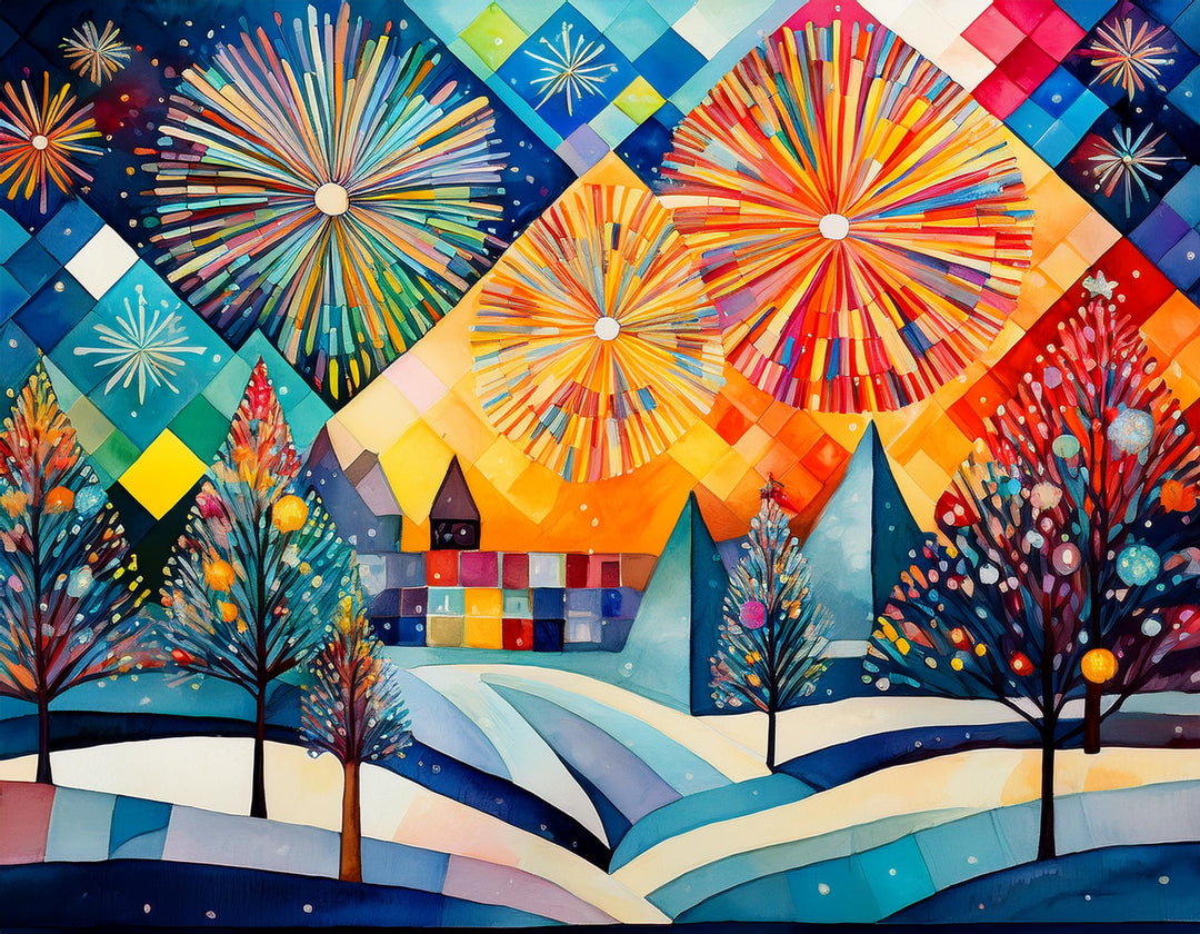 Colorful abstract landscape with trees, houses, and fireworks.