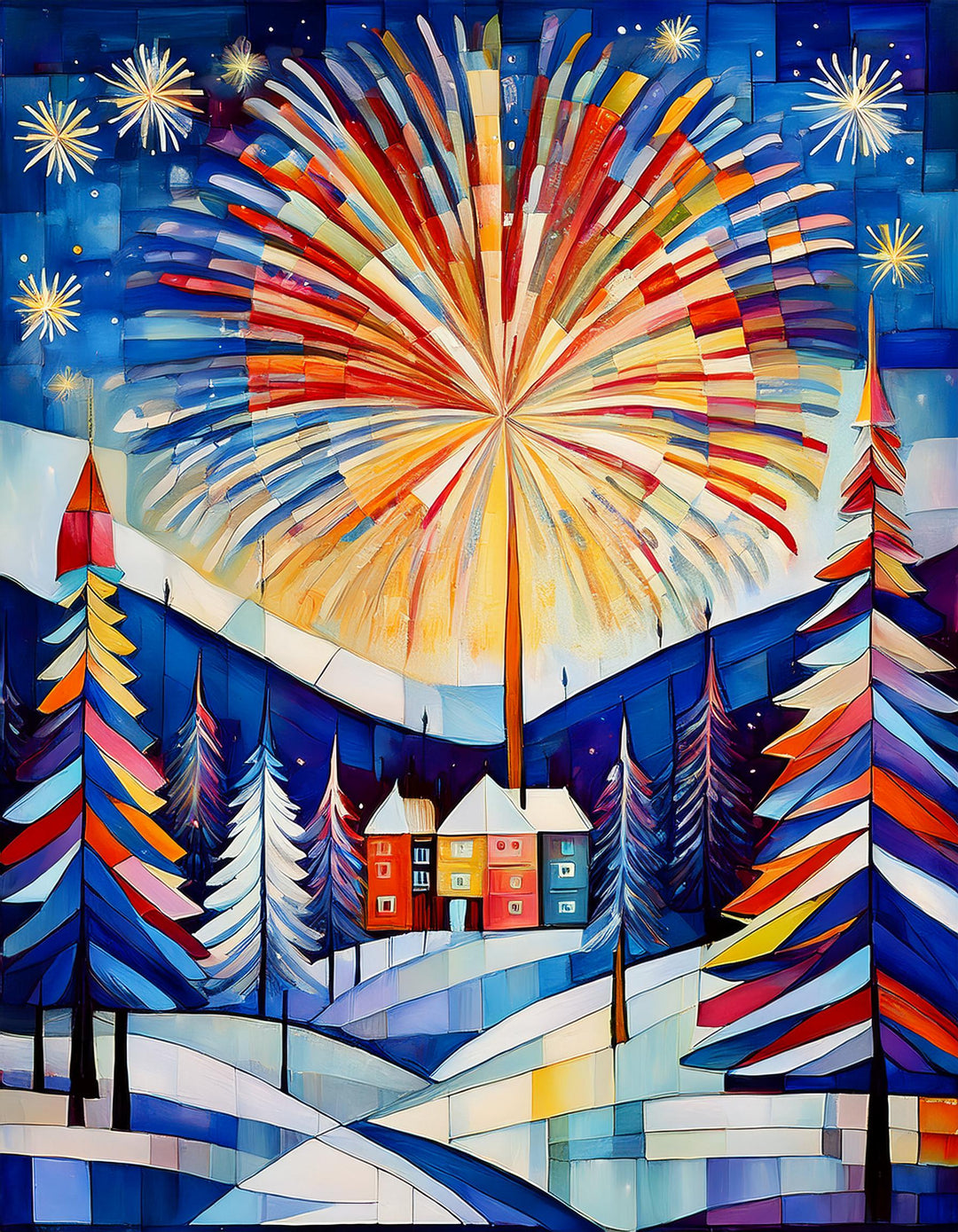 Colorful fireworks display over a winter landscape with trees and houses.