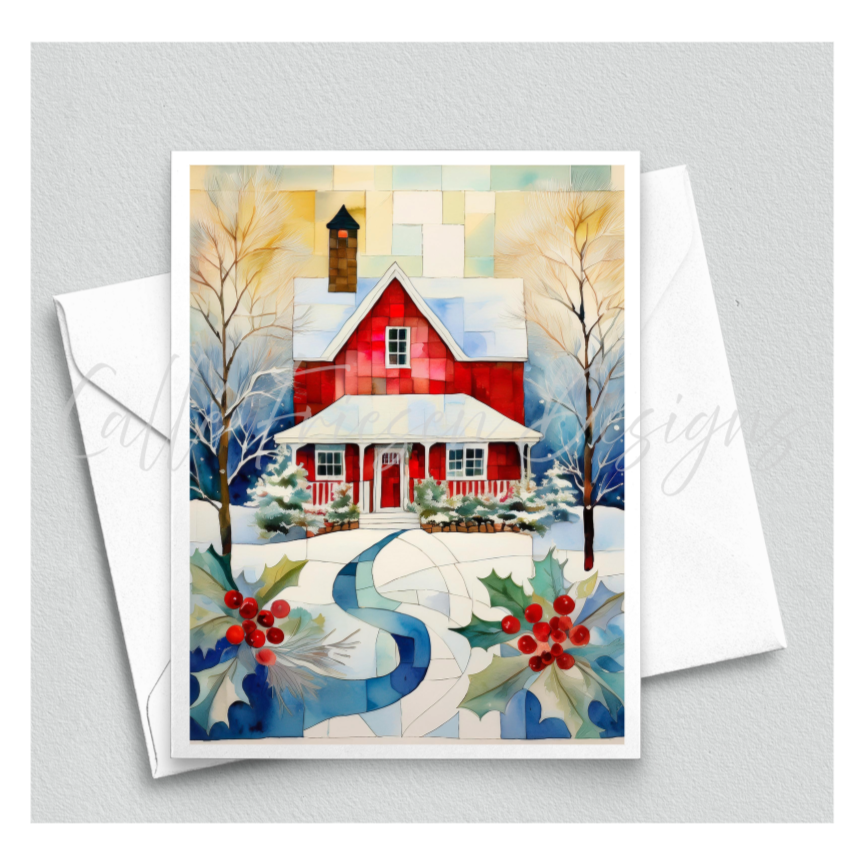 Greeting card with a winter scene featuring a red house, trees, and holly leaves on a gray background.