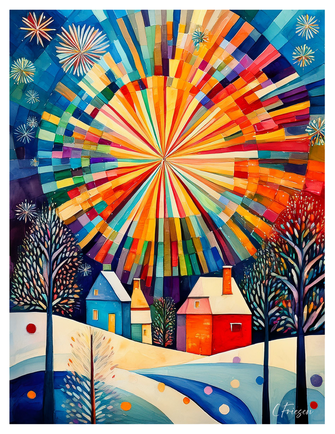 Colorful abstract design with houses and trees in the background