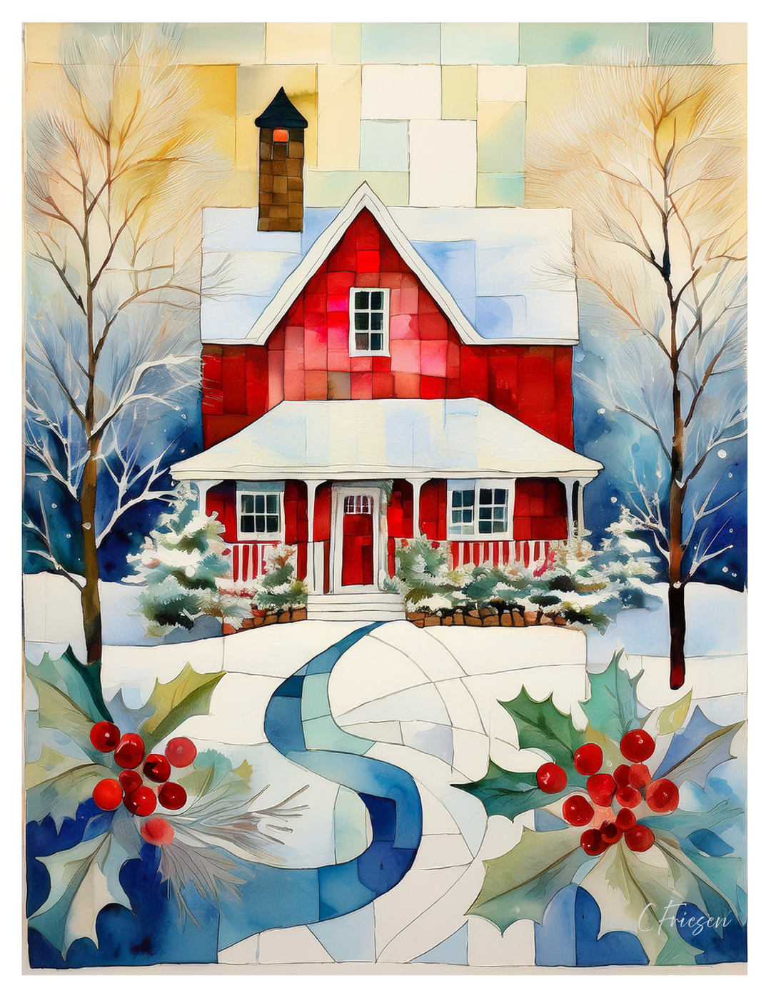 Colorful mosaic artwork of a red house in a snowy landscape with holly leaves and berries.