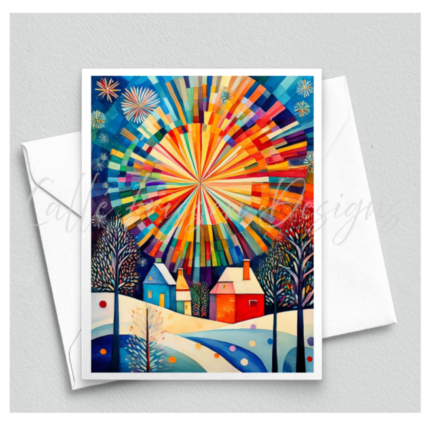 Greeting card with a colorful abstract design and houses in the snow, on a light gray background.