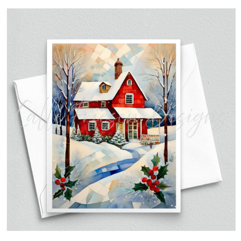 Christmas card with a red house in a snowy landscape, featuring holly leaves and berries.