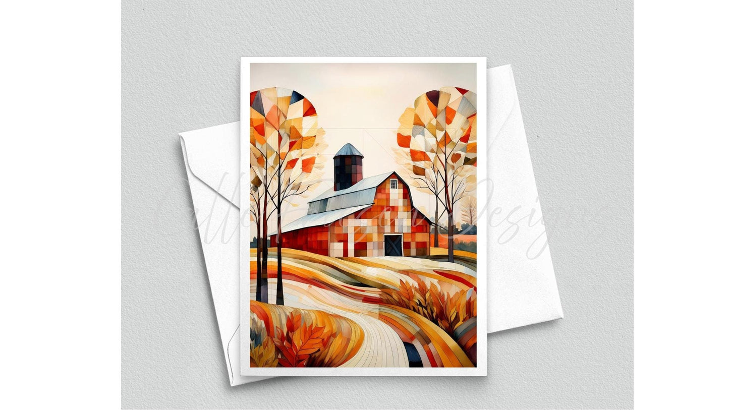 Quilted Barn Greeting Card - Blank Interior - Watercolor Quilt Themed Card with Envelope - Cubist Watercolor Painting - Art Print