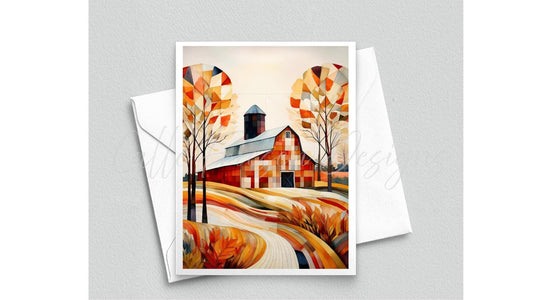 Quilted Barn Greeting Card - Blank Interior - Watercolor Quilt Themed Card with Envelope - Cubist Watercolor Painting - Art Print