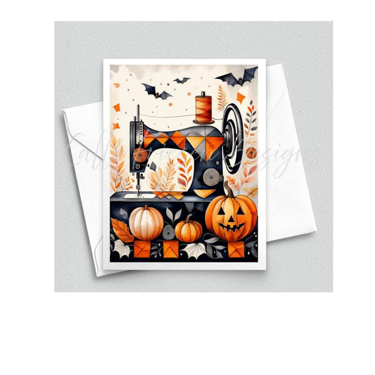 Halloween Vintage Sewing Machine - Autumn Fall Quilt Greeting Card - Blank Interior - Watercolor Art Card with Envelope - Cubist Art Print