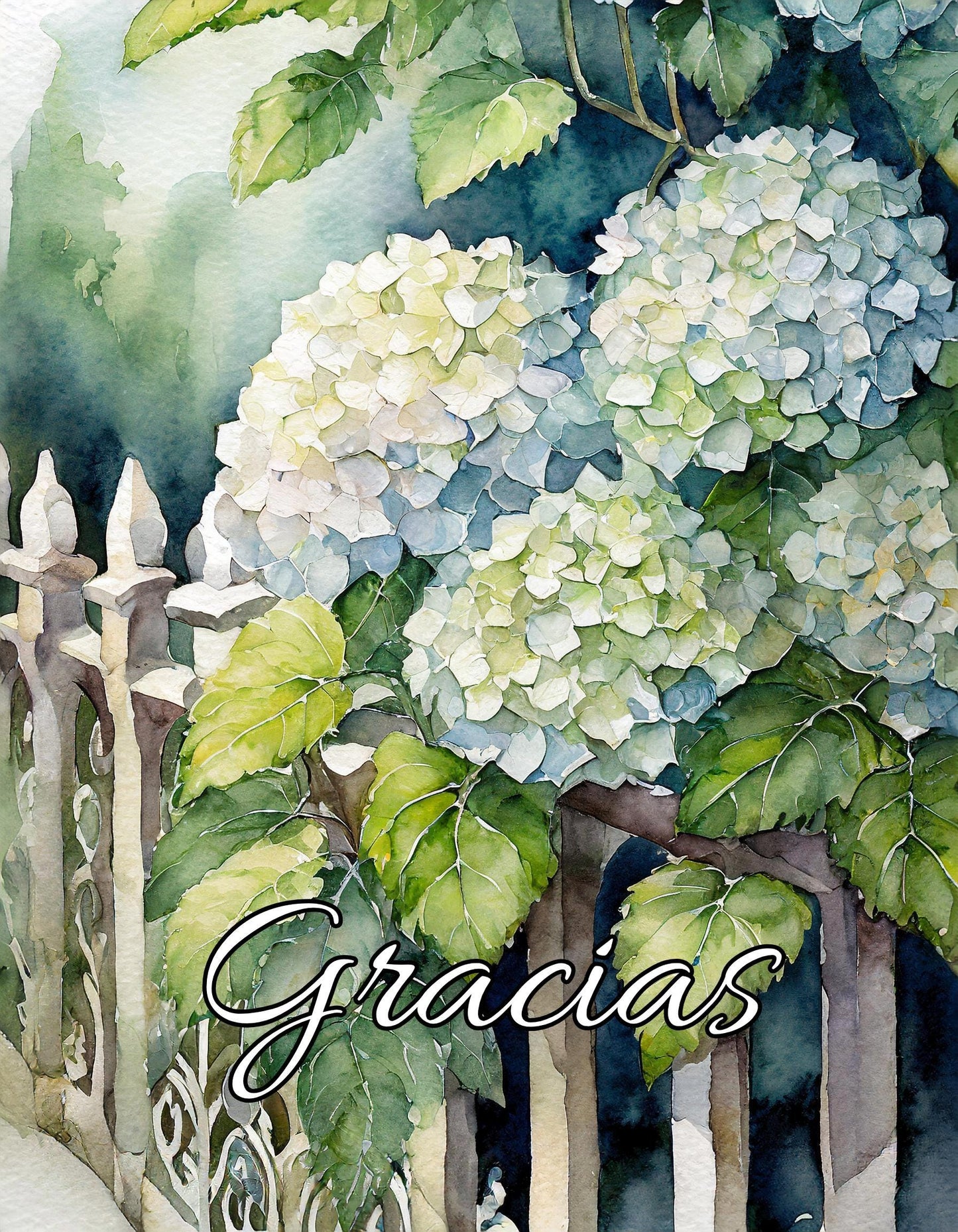 Spanish Thank You Cards "Gracias" (5-Pack with envelopes) Set of five watercolor Hydrangea paintings: Pink, Blue, Green, Ivory, White