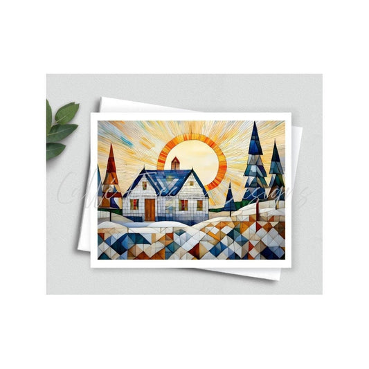 Quilted Cottage Greeting Card - Blank Interior - Watercolor Quilt Themed Card with Envelope - Cubist Watercolor Painting - Art Print