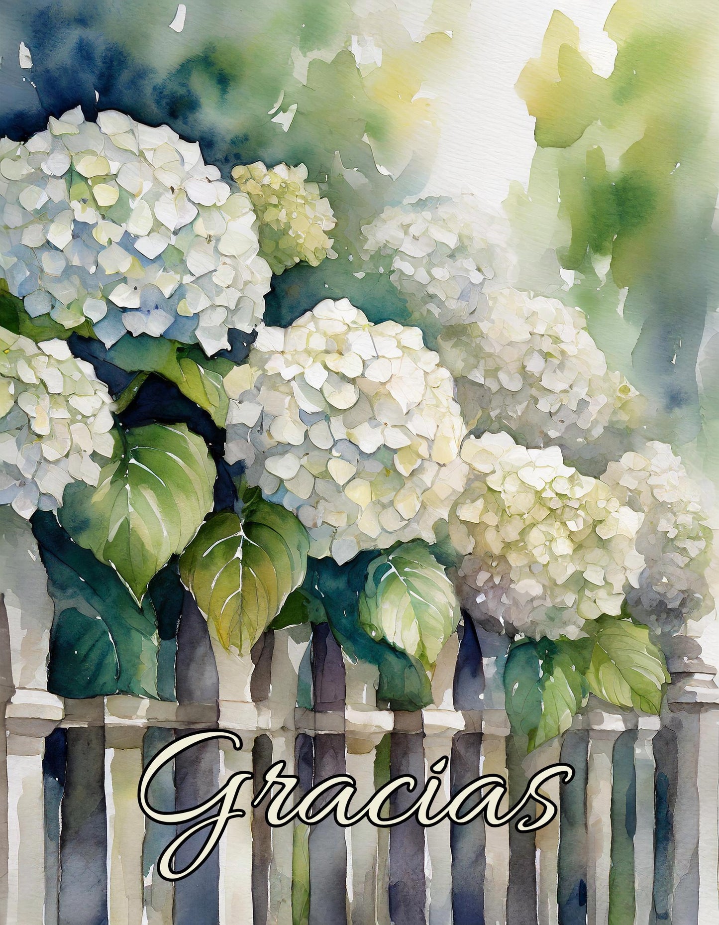 Spanish Thank You Cards "Gracias" (5-Pack with envelopes) Set of five watercolor Hydrangea paintings: Pink, Blue, Green, Ivory, White