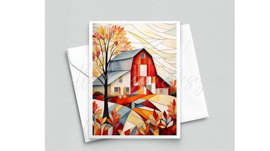 Quilted Barn Greeting Card - Blank Interior - Watercolor Quilt Themed Card with Envelope - Cubist Watercolor Painting - Art Print