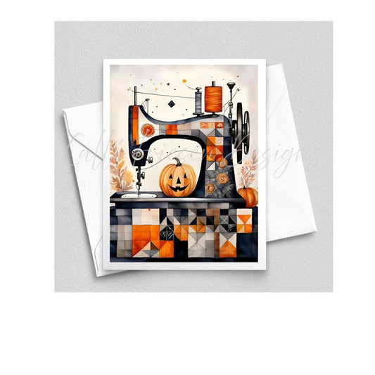 Halloween Vintage Sewing Machine - Autumn Fall Quilt Greeting Card - Blank Interior - Watercolor Art Card with Envelope - Cubist Art Print