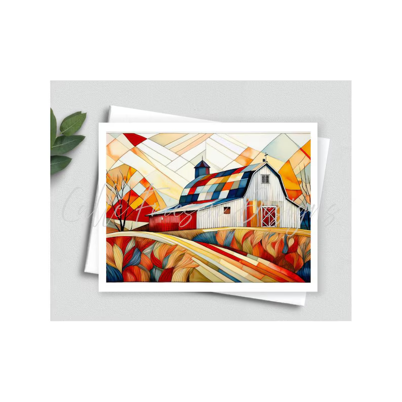 Quilted Barn Greeting Card - Blank Interior - Watercolor Quilt Themed Card with Envelope - Cubist Watercolor Painting - Art Print