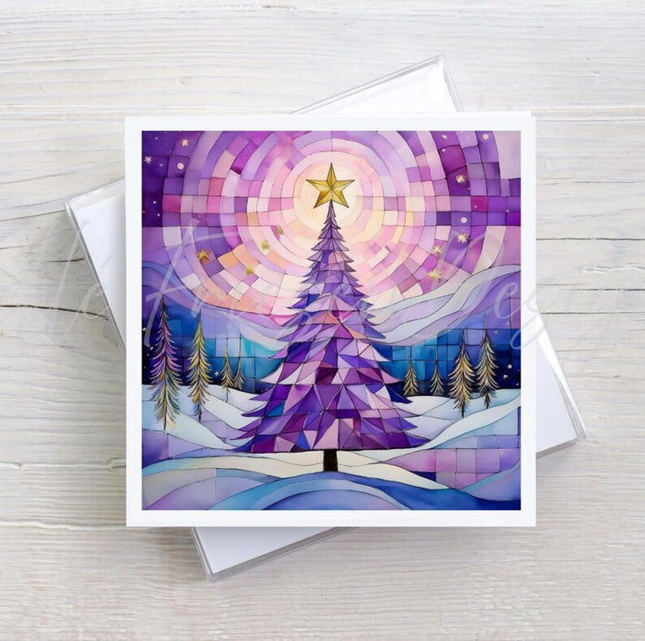 Purple Quilted Christmas Tree, Holiday Greeting Card, Sewing & Quilting Holiday Card, Watercolor Art, Christmas Gifts Cards, Quilter Gifts