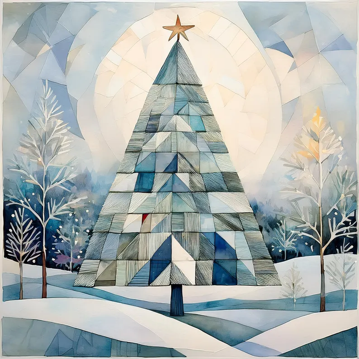 Sky Fir Tree Holiday Greeting Card, Pastel Blues, Quilted Christmas Tree, Watercolor Cubist Artwork, Christmas Cards, Quilters & Sewer Gifts