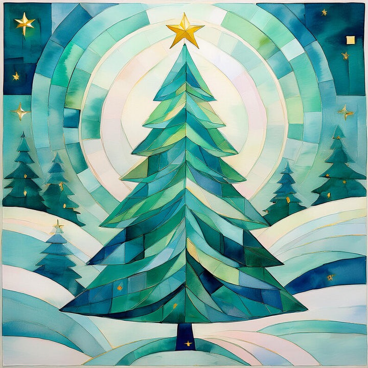 Teal Fir Tree Holiday Greeting Card, Quilted Christmas Tree, Watercolor Cubist Artwork, Christmas Cards, Quilters & Sewer Gifts