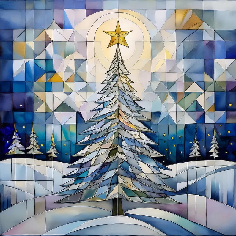 Holiday Hues - Festival of Trees Card Collection, Quilted Christmas Tree, Watercolor Cubist Artwork, Christmas Cards, Quilters & Sewer Gifts