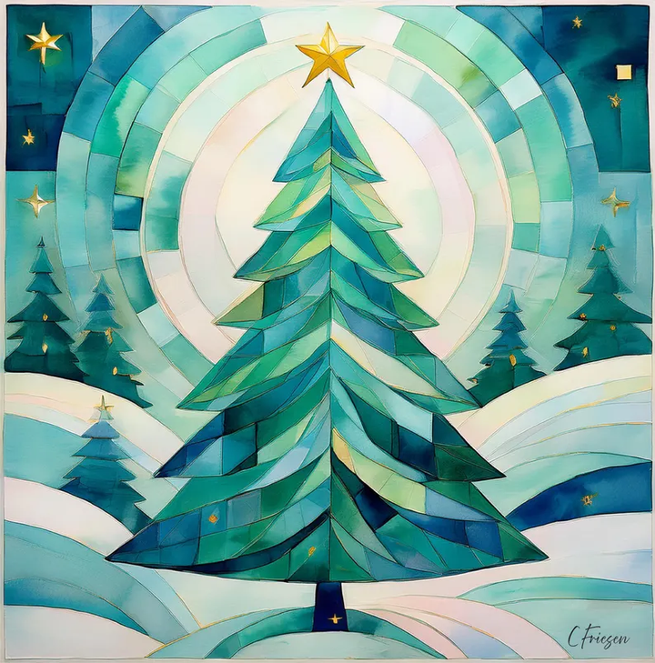 Holiday Hues - Festival of Trees Card Collection, Quilted Christmas Tree, Watercolor Cubist Artwork, Christmas Cards, Quilters & Sewer Gifts