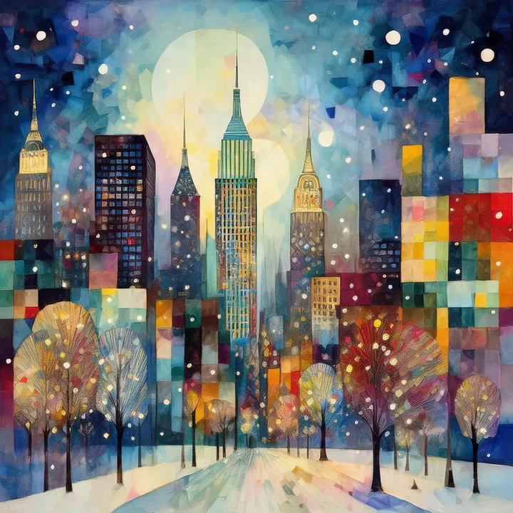 Cityscape Holiday Greeting Card, Evening Snowfall, Urban Watercolor Cubist Artwork, NYC Quilted Christmas, Cards, City Quilting Sewing Gift