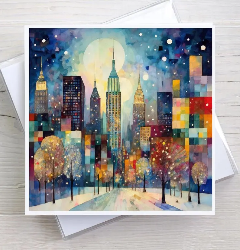 Cityscape Holiday Greeting Card, Evening Snowfall, Urban Watercolor Cubist Artwork, NYC Quilted Christmas, Cards, City Quilting Sewing Gift
