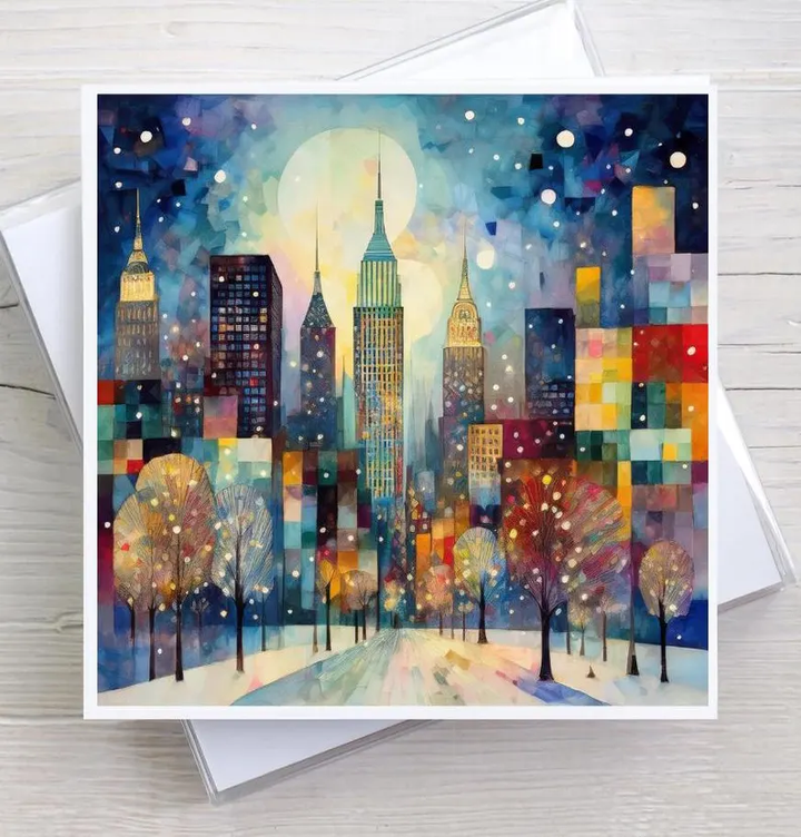Cityscape Holiday Greeting Card, Evening Snowfall, Urban Watercolor Cubist Artwork, NYC Quilted Christmas, Cards, City Quilting Sewing Gift