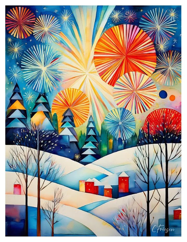Happy New Year Greeting Card, Welcome 2025, Dazzling Sky Fireworks, NYE Party Celebration, Watercolor Cubist Artwork, Quilting & Sewing Gift