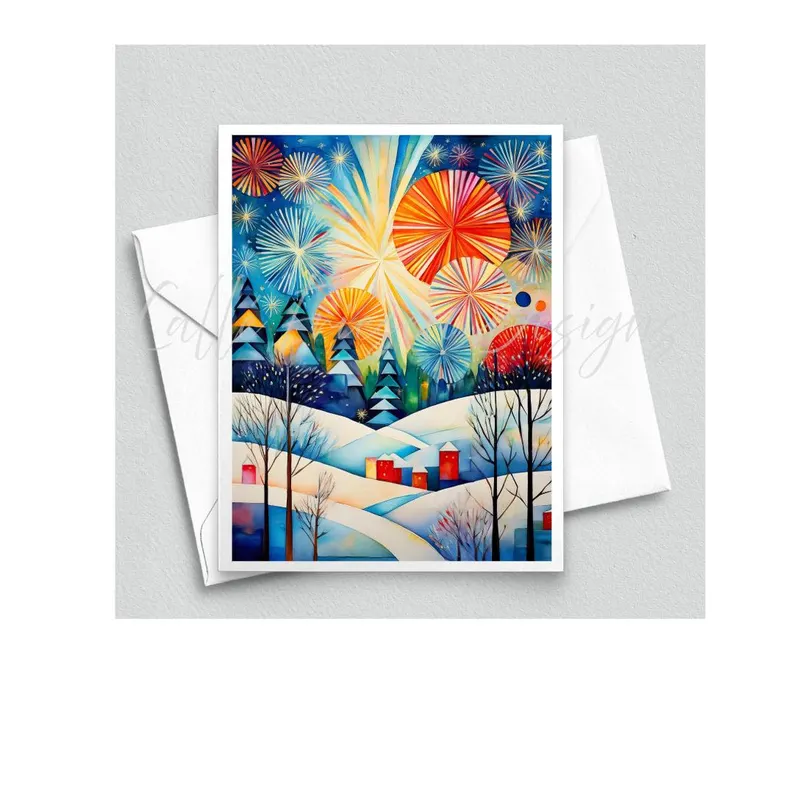 Happy New Year Greeting Card, Welcome 2025, Dazzling Sky Fireworks, NYE Party Celebration, Watercolor Cubist Artwork, Quilting & Sewing Gift