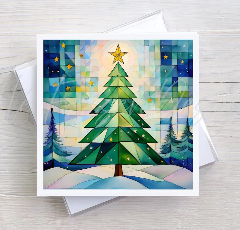 Green Fir Quilted Christmas Tree, Holiday Greeting Card, Sewing & Quilting Holiday Card, Watercolor Art, Christmas Gifts Cards, Gift for Quilter
