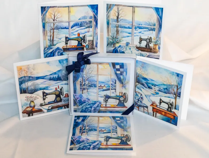 Sewing Room Snow Day Greeting Card Boxed Set, 5 Designs, Watercolor Cubist Artwork, Quilting & Sewing Gifts Notecards, Framable Art Cards