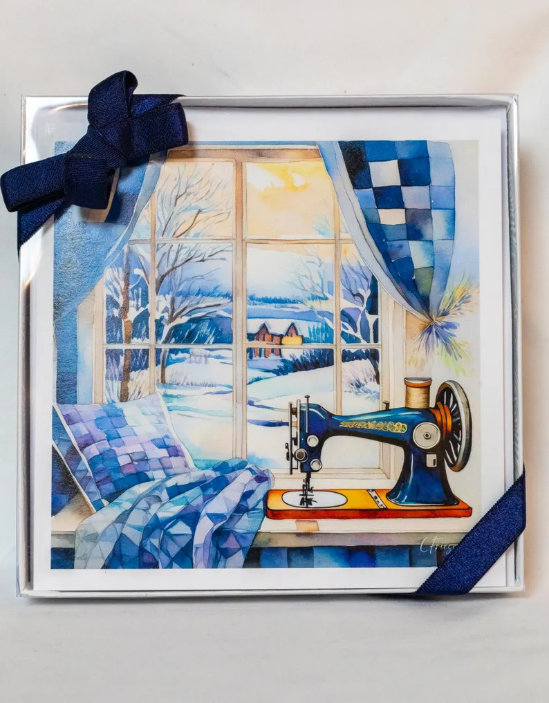 Sewing Room Snow Day Greeting Card Boxed Set, 5 Designs, Watercolor Cubist Artwork, Quilting & Sewing Gifts Notecards, Framable Art Cards