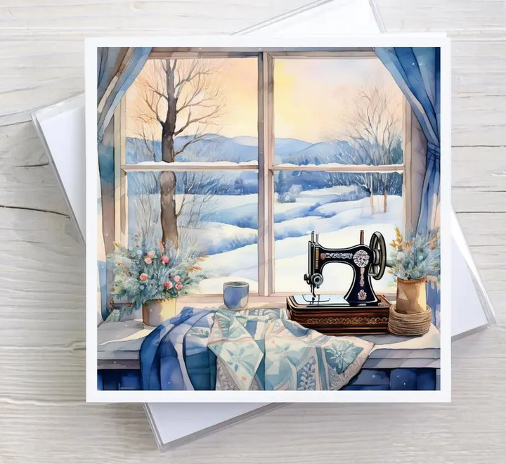 Sewing Room Snow Day Greeting Card Boxed Set, 5 Designs, Watercolor Cubist Artwork, Quilting & Sewing Gifts Notecards, Framable Art Cards