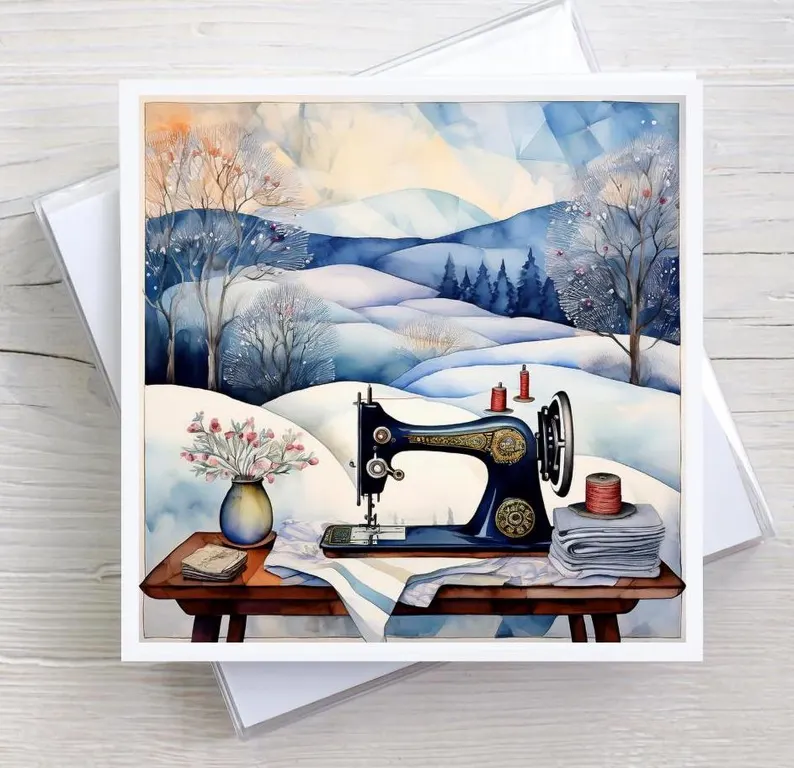 Sewing Room Snow Day Greeting Card Boxed Set, 5 Designs, Watercolor Cubist Artwork, Quilting & Sewing Gifts Notecards, Framable Art Cards