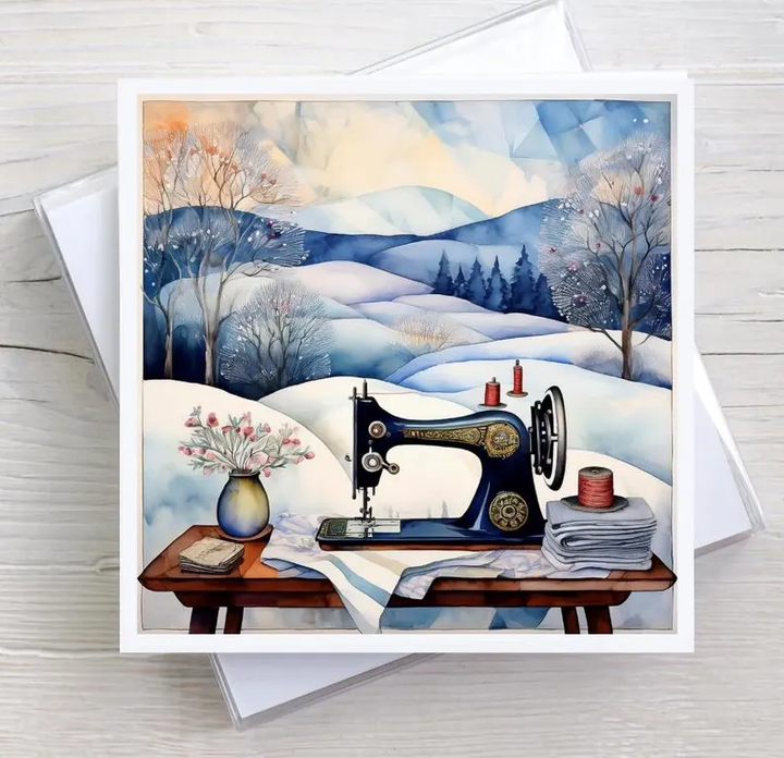 Sewing Room Snow Day Greeting Card Boxed Set, 5 Designs, Watercolor Cubist Artwork, Quilting & Sewing Gifts Notecards, Framable Art Cards
